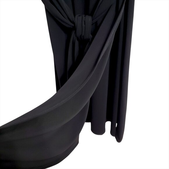 BCBGMaxAzria Black Faux Wrap Midi Dress M 3/4 Sleeve Tie Ruched Minimalist - Picture 8 of 12